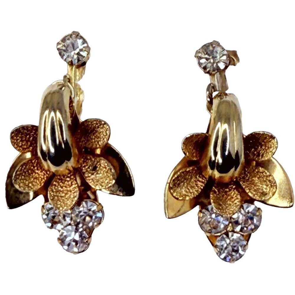 Vintage Rhinestone Flower Dangle Drop Earrings 1" Gold Tone Screw Back